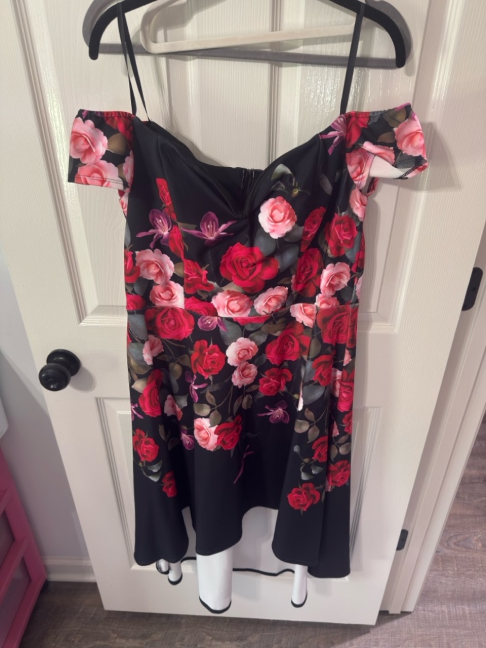 Off-Shoulder Black Floral High-Low Dress with Red Rose Print